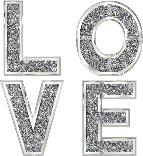 ZOLAPI 4 piezas Letras Independientes Love.Glam Letras de Diamante de Cristal.Espejo de Vidrio Plateado Decoración del Hogar para Pared, Chimenea,