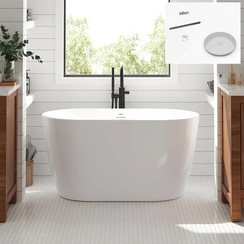 Miniatura 49 de FerdY 59" Bañera de acrílico independiente Bali Elite, bañera independiente de inmersión con forma elegante, certificada cUPC, desagüe negro Toe-Tap