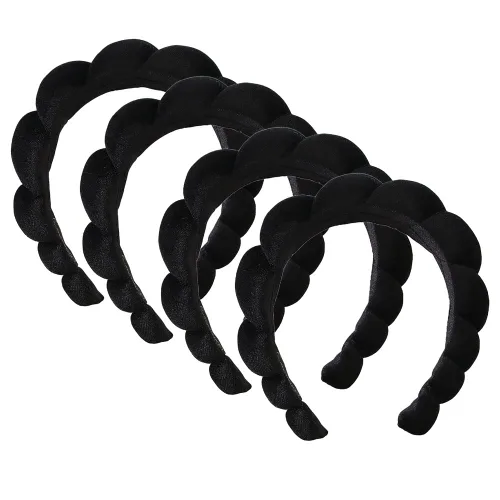 Diadema de esponja de toalla de rizo para mujer, diadema de ducha hinchada para lavado facial, eliminación de maquillaje (paquete de 4, negro)
