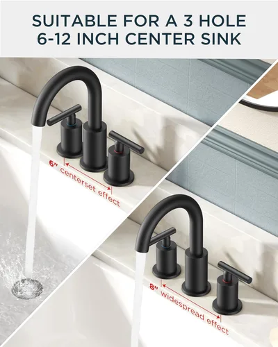 Miniatura 6 de FORIOUS Grifo de baño negro de 3 agujeros, 8 pulgadas, grifo de lavabo de baño negro mate generalizado con boquilla giratoria de 360°, adecuado