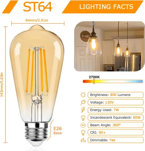 Miniatura 4 de 12 paquetes de bombillas LED Edison vintage grandes ST64, 7 W equivalentes a 60 W, 800 lúmenes, bombillas LED de filamento antiguo regulables, 2700
