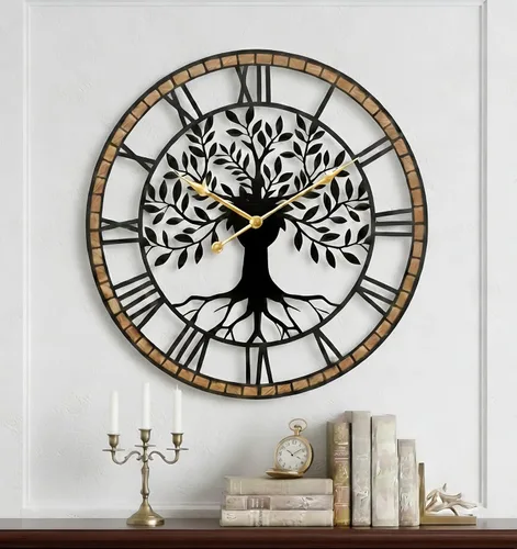 Miniatura 10 de Reloj de pared grande del Árbol de la Vida, relojes de pared grandes de metal modernos para sala de estar, reloj silencioso de 18 pulgadas operado