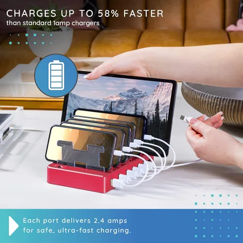 Miniatura 4 de Estación de carga para múltiples dispositivos – Base de carga USB de 6 puertos para Apple y Android – Organizador de carga múltiple rápida