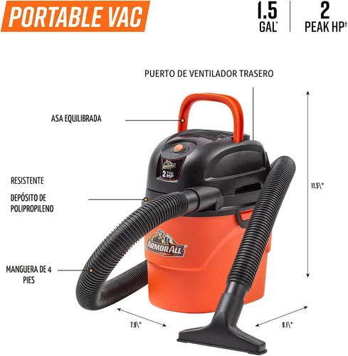 Miniatura 3 de Armor All® AA155 Aspiradora portátil húmeda/seca de 1.5 galones y 2 HP pico, naranja