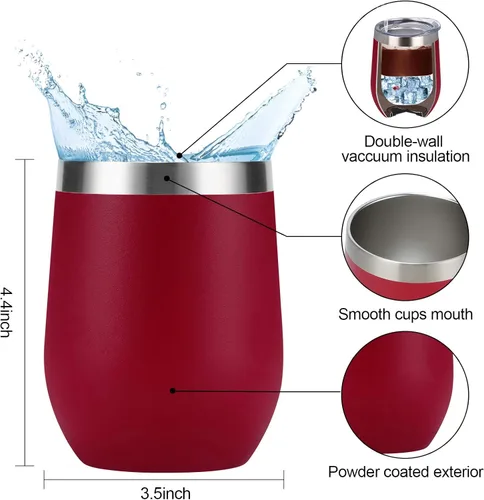 Miniatura 6 de Vaso de vino de acero inoxidable de 12 oz, doble pared con aislamiento al vacío con tapa y pajita, vaso de vino sin tallo de acero inoxidable