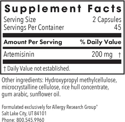Miniatura 3 de Allergy Research Group Suplemento de artemisinina – Apoyo del tracto gastrointestinal, Qinghaosu puro de Artemisia annua, sin tujona