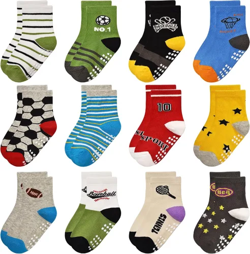 Miniatura 11 de Calcetines antideslizantes para niños pequeños con agarre, 12 pares de calcetines antideslizantes de dibujos animados para niños y niñas