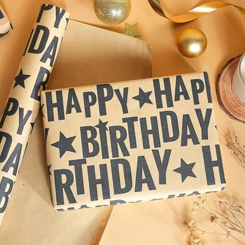 Miniatura 3 de RUSPEPA Rollo de papel de regalo de cumpleaños, mini rollo, texto de feliz cumpleaños negro en negrita con diseño de estrellas, papel de regalo
