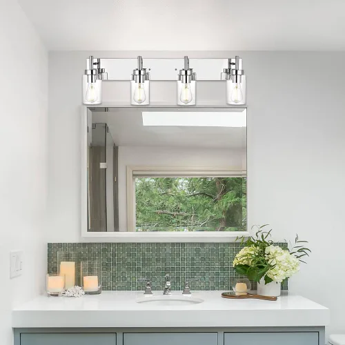 Miniatura 2 de Iluminación moderna de baño con pantalla de vidrio transparente, 4 luces para tocador, lámpara de pared industrial con acabado en cromo, apliques