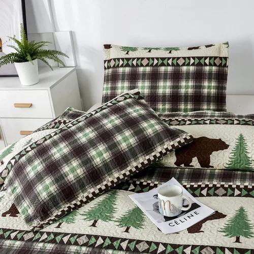 Miniatura 2 de Juego de Edredones Lodge Tamaño King, 3 Piezas Ropa de Cama Rústica de Cabaña con Oso Pardo y Árboles de Pino Verde Colcha Cubrecama Ligero Suave