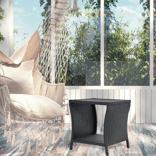 Miniatura 3 de Outdoor Patio Side Table Small Black Wicker Rattan End Table for Outside Storage Coffee Table with Poly Lumber Table Top for Garden Lawn Pool Porch
