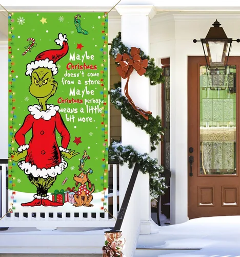 Miniatura 4 de Sunwer Cubierta de Puerta Verde de Navidad Whoville Decoración de Fiesta Navideña de Invierno Cartel de Porche Frontal Telón de Fondo Banner