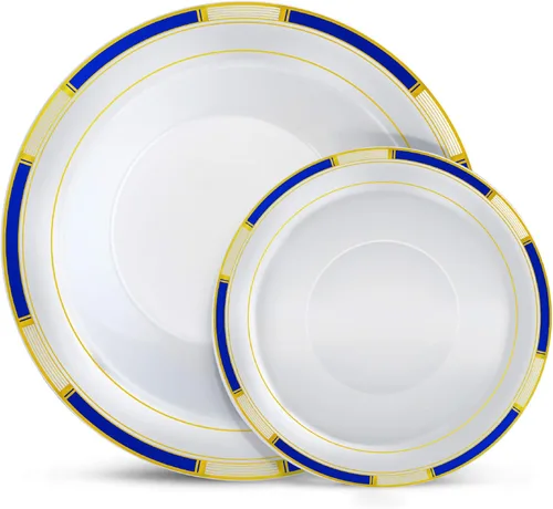 Laura Stein Juego de vajilla de diseñador | 32 cuencos de plástico desechables para fiestas, cuenco blanco con borde azul y detalles dorados,