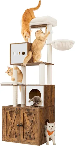 Miniatura 10 de Feandrea Árbol para gatos con recinto para caja de arena, torre para gatos moderna 2 en 1, condominio para gatos de 70.8 pulgadas de alto con postes