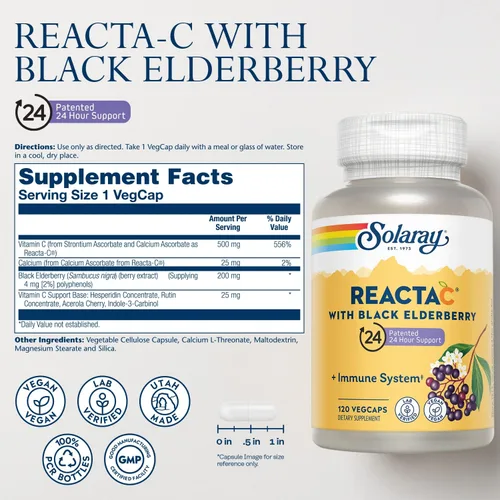 Miniatura 2 de SOLARAY Reacta-C con 500 mg de vitamina C, 200 mg de extracto de saúco negro de Sambucus Negro, vitaminas para defensa del sistema inmunológico
