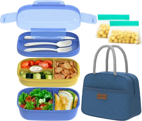 JBGOYON® Juego de lonchera Bento azul, 3 recipientes apilables para adultos y niños, incluye bolsa de almuerzo, a prueba de fugas y sin BPA, juego