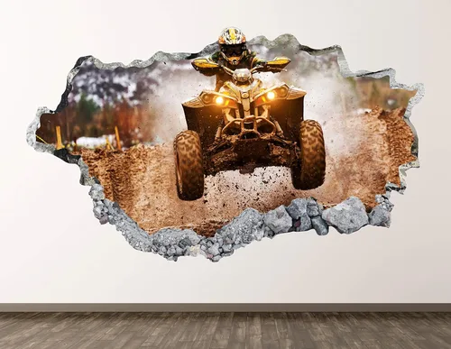 Calcomanía de pared de cuatro ruedas, decoración artística en 3D, póster de carreras aplastadas, mural para habitación de niños, regalo