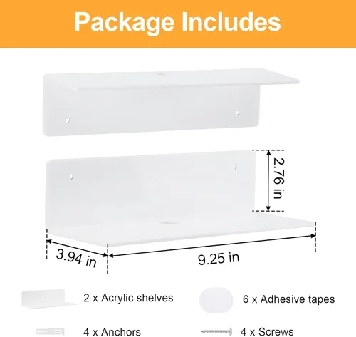 Miniatura 3 de Estante Flotante de Acrílico de 9 Pulgadas Sin Taladro con Adhesivo para Pared, Juego de 2 para Almacenamiento de Funko Pop, Estantes Flotantes Sin