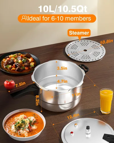 Miniatura 6 de WantJoin Olla a Presión de Aluminio de 10 Qt con Válvula de Liberación y Múltiples Dispositivos Protectores, Envasadora a Presión Compatible