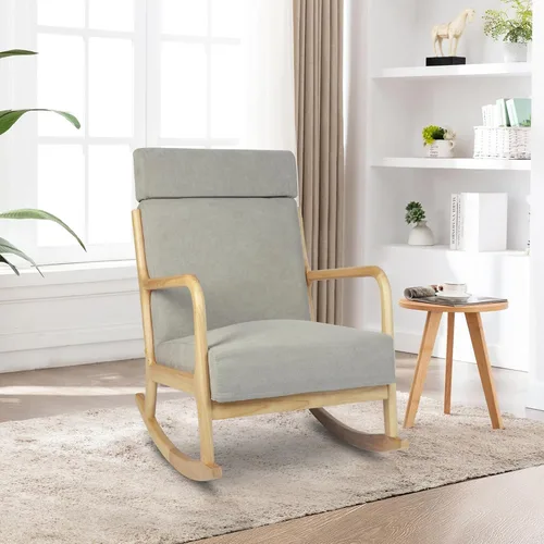 Miniatura 6 de Mecedora deslizante de madera maciza, silla decorativa tapizada con respaldo alto, mecedora para guardería, silla mecedora para sala de estar, Gris