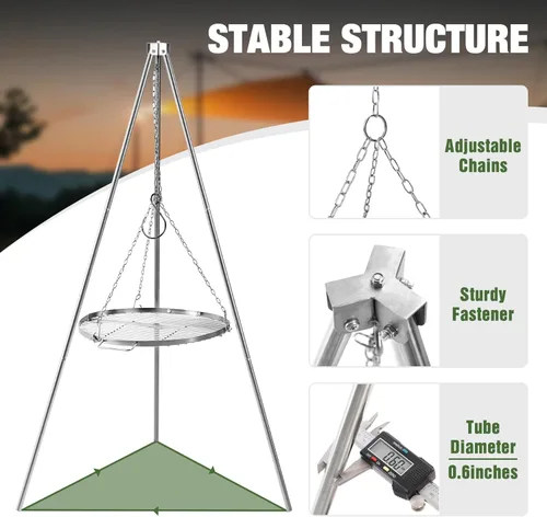 Miniatura 3 de Parrilla Trípode para Fogata para Cocinar, Parrilla Trípode de Fuego para Acampar de Acero Inoxidable Duradera con Rejilla de Parrilla y Bolsa