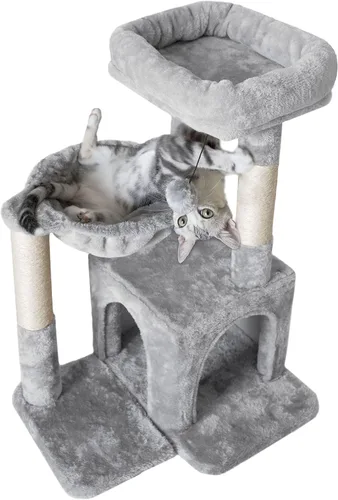Miniatura 3 de Pesofer - Árbol para gatos, torre pequeña para gatos con poste de rascar de sisal y hamaca, gris claro