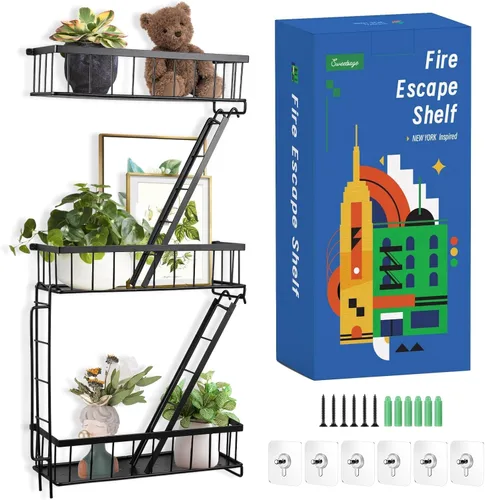 SweetSage Estante de Pared para Salida de Emergencia - Estante Decorativo de Escalera de Nueva York, Estante Flotante de Arte de Pared en Metal Negro