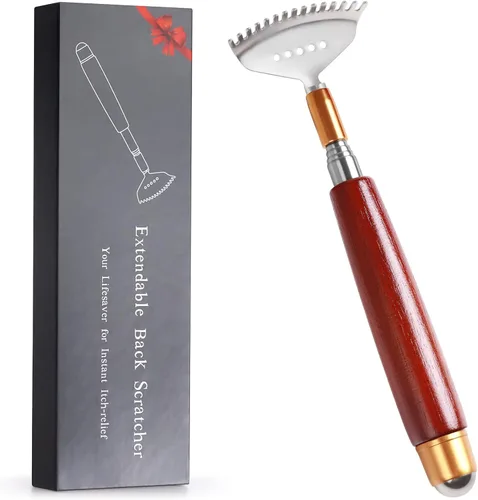 Rascador de espalda para mujeres, hombres y adultos, extensible con bola de rodillo, mango de madera maciza y garra de acero inoxidable 304