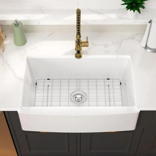 Miniatura 11 de Fregadero de 33 unidades de arcilla refractaria de 33 x 20 x 10 pulgadas, color blanco, fregadero de cocina de porcelana de cerámica, estilo casa