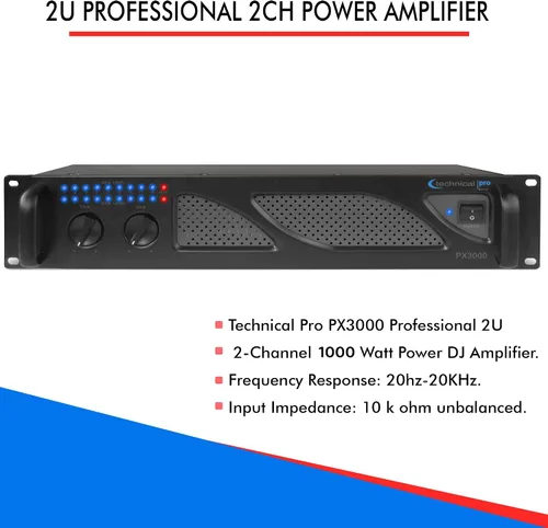 Miniatura 5 de Technical Pro Amplificador de potencia profesional de DJ de 2 canales de 1000 vatios 2U con ventiladores de doble velocidad de enfriamiento