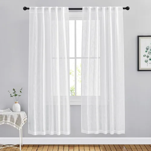 NICETOWN Cortinas de lino semitraslúcidas para dormitorio, bolsillos para barra y pestaña trasera, tratamientos de ventana transparentes de lino con