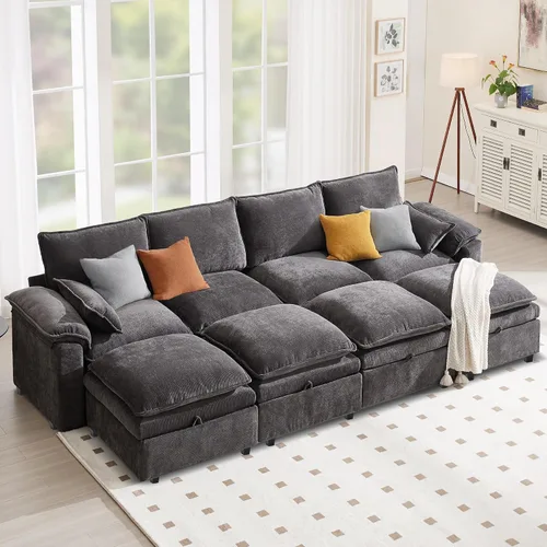 Miniatura 14 de Sofá Seccional Modular en Forma de L de 100", Sofá con Almacenamiento Otomano, Sofá Nube de Chenilla con Asientos Profundos y Mullidos para Sala