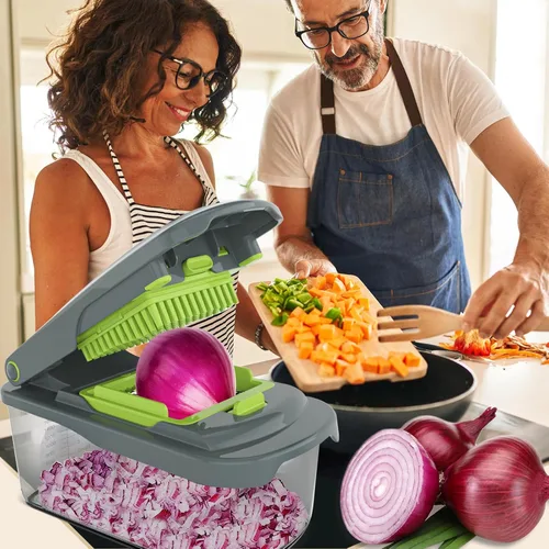 Miniatura 9 de Picadora de verduras Ourokhome con recipiente, picadora manual de verduras con 2 cuchillas de corte para tiras de papa, cubos de cebolla, palitos