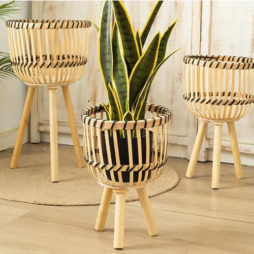 Miniatura 3 de Soporte tejido de bambú para macetas con patas de madera, cesta de ratán interior, macetas, soporte tejido para plantas de interior, soporte