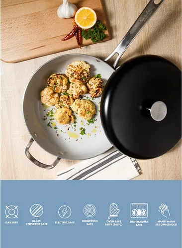 Miniatura 7 de Sur La Table Kitchen Essentials Potluck Porch - Sartén para saltear de 4.5 cuartos, sartén profunda para freír con tapa, aluminio, utensilios