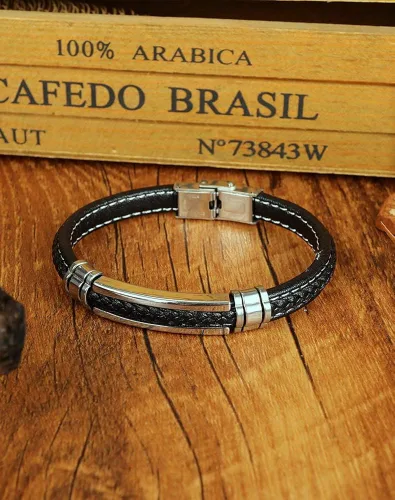 Miniatura 5 de FILOBOKO Pulsera de cuero negro para hombres adolescentes y niños, pulsera de hebilla ajustable de acero inoxidable plateado para hombres, Metal,