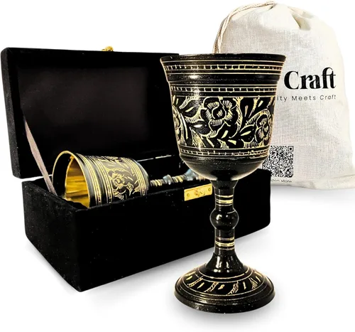 Copa de vino decorativa de latón macizo, estilo vintage, medieval, hecha a mano, para comunión, con diseño real en relieve, 1 unidad (con caja,