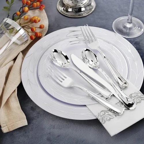 Miniatura 5 de COLOSUS Juego de 175 platos desechables de plástico y cubiertos de Año Nuevo, incluye 25 platos llanos, 25 platos de postre, 25 tazas, 25 Plateado
