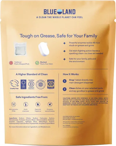 Miniatura 2 de BLUELAND - Tabletas de detergente para lavavajillas 100% libres de plástico, 60 unidades, libres y transparentes, ecológicas, cortan la grasa y se