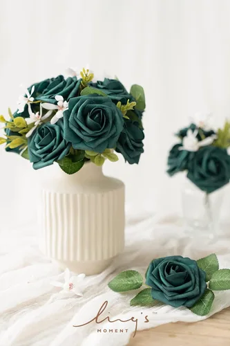 Miniatura 2 de Ling’s Moment - Flores Artificiales, 50 piezas, Rosas Verde Pavo Real con Tallos, 3" de Tacto Real, Espuma DIY para Ramilletes de Boda/Centros