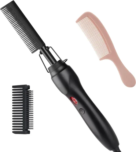 Hot Comb - Cepillo de cerámica portátil para alisar y rizar antiquemaduras, plancha plana eléctrica con calefacción y peine para presionar la barba