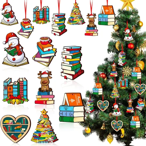 Juego de 24 adornos colgantes para libros de Navidad, árbol de Navidad de madera, muñeco de nieve, campana, estantería de alce, adorno de lectura