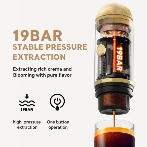 Miniatura 3 de Máquina de café espresso portátil para viajes, carga USB-C, cafetera eléctrica autocalentable, mini cafetera de 19 bar sobre la marcha para Dorado