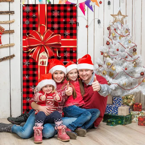 Miniatura 4 de Cartel de Navidad para puerta, decoración de Feliz Navidad, búfalo a cuadros rojos y negros, telón de fondo de caja de regalo de Navidad, lazo