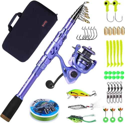 Miniatura 2 de Sougayilang Fishing Rod and Reel Combos Carbon Fiber Telescopic Fishing Pole with Smooth Reel Combo Saltwater Freshwater Kit Kit Completo Púrpura
