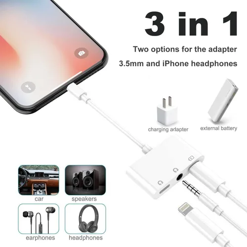Miniatura 2 de 8ware Adaptador Lightning a auriculares 0.138 in Jack Adaptador de auriculares 3 en 1 y divisor de carga para iPhone 13/12/11/SE/XS/XR/X/8/7 y iPad
