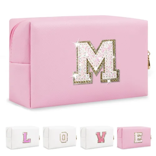 Miniatura 85 de Pequeña bolsa de maquillaje personalizada con inicial A-Z Preppy Patch, bolsa de cosméticos de viaje de felpilla blanca con cremallera, bonita bolsa