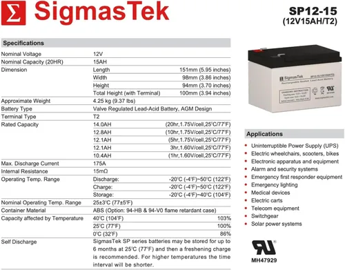 Miniatura 3 de SigmasTek SW12150 Batería SLA compatible, 12V 15Ah F2 SP12-15 (T2)