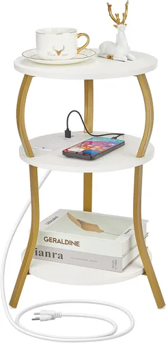 Miniatura 19 de Mesa auxiliar redonda pequeña vintage, mesa auxiliar circular de 3 niveles con cintura delgada con estante de almacenamiento, mesa auxiliar compacta