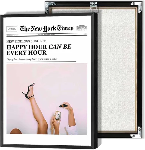 Arte de pared en lienzo en blanco y negro con titulares de revistas de tendencia, póster de noticias, imagen divertida de hora feliz, impresiones de